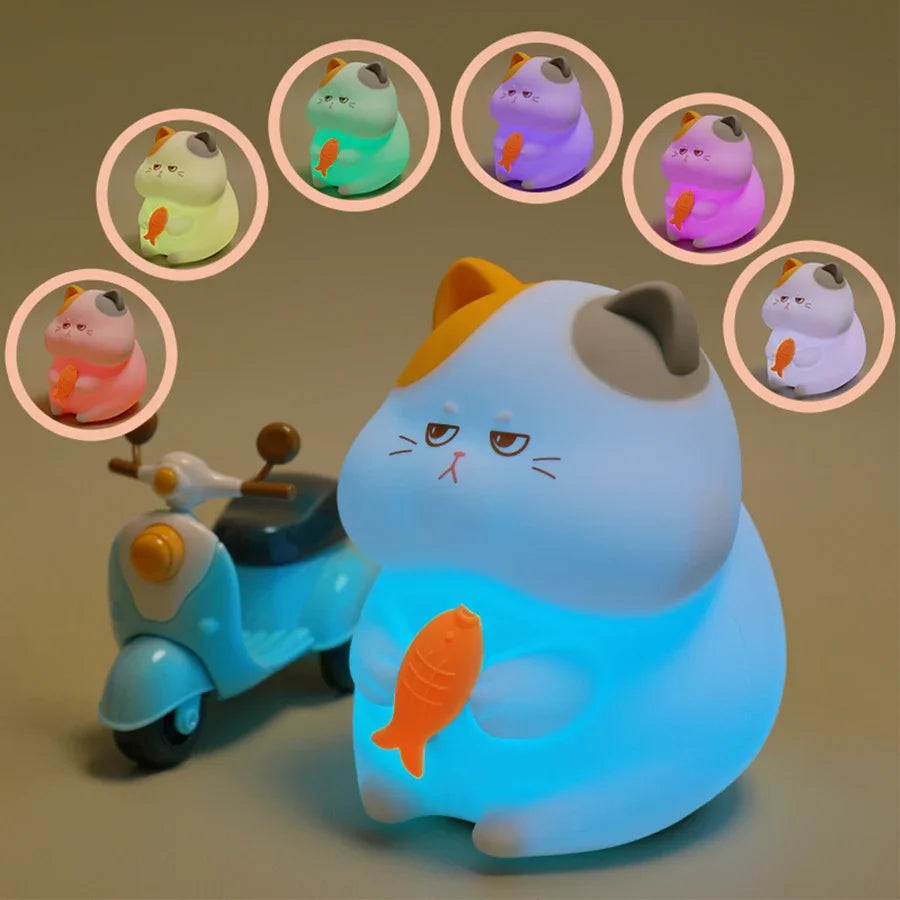 Gluttonous Cat Night Light Rechargeable Silicone Touch Patting Lamp Fun Cat and Fish Lamp Animal Light Bedside Desktop Decor